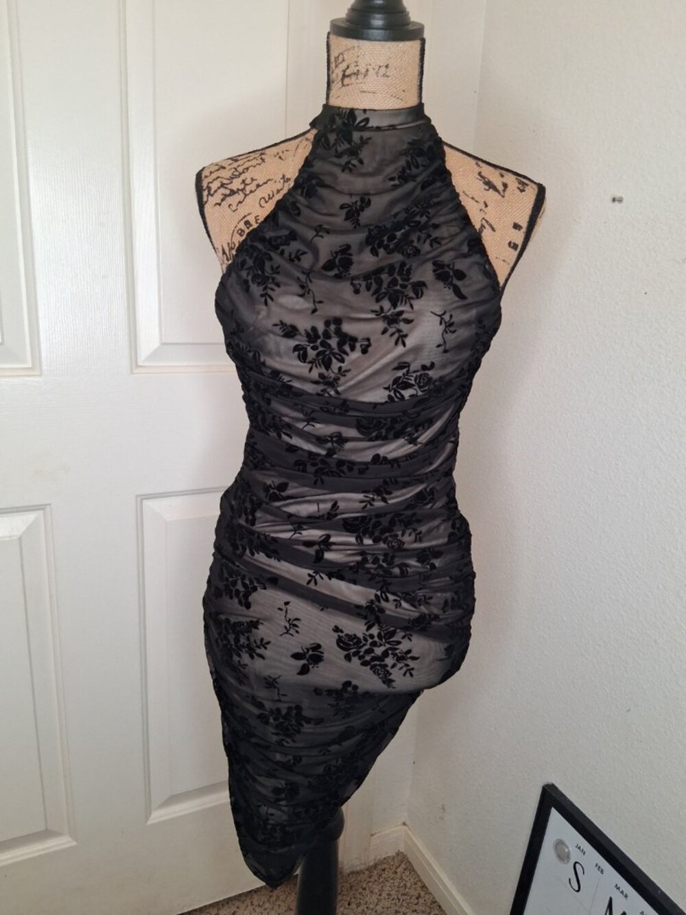 Black Floral Mesh Halter Bodycon Midi Dress Open Back Ruched Asymmetrical Sexy S